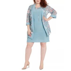 R&M Richards Teal Dress with Floral Kimono